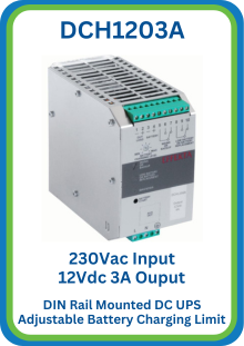 DCH1203A 230Vac Input 12Vdc 3A Output DC UPS, With DIN Rail Mounting and Adjustable Battery Charging Limit