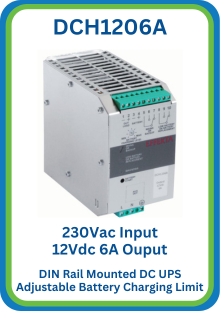 DCH1206A 230Vac Input 12Vdc 6A Output DC UPS, With DIN Rail Mounting and Adjustable Battery Charging Limit