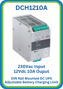 DCH1210A 230Vac Input 12Vdc 10A Output DC UPS, With DIN Rail Mounting and Adjustable Battery Charging Limit