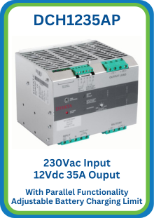 DCH1235A 230Vac Input 12Vdc 35A Output DC UPS, With DIN Rail Mounting and Adjustable Battery Charging Limit