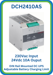 DCH2410A 230Vac Input 24Vdc 10A Output DC UPS, With DIN Rail Mounting and Adjustable Battery Charging Limit