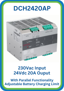 DCH2420AP 230Vac Input 24Vdc 20A Output DC UPS, With DIN Rail Mounting, Adjustable Battery Charging Limit and Parallel Functionality