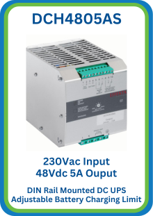 DCH4805A 230Vac Input 48Vdc 5A Output DC UPS, With DIN Rail Mounting and Adjustable Battery Charging Limit