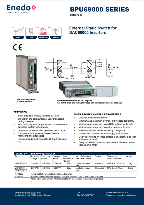 DAC 69000 Datasheet - External Static Switch for DAC60000 Inverters