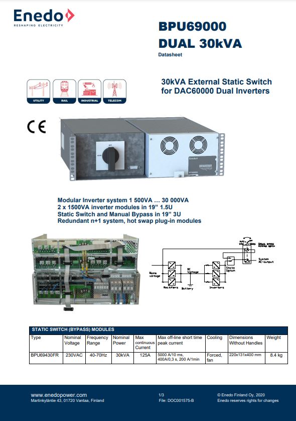 BPU69000 DUAL 30kVA Datasheet - 30kVA External Static Switch for DAC60000 Dual Inverters