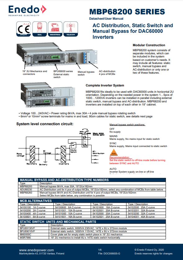 MBP68200 Datasheet - AC Distribution, Static Switch and Manual Bypass for DAC60000 Inverters