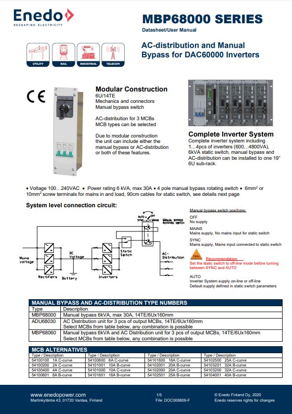 MBP68000 Datasheet - AC-distribution and Manual Bypass for DAC60000 Inverters